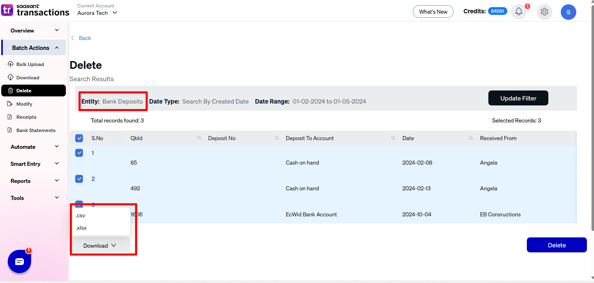 Delete Deposits Download file- SaasAnt Transactions Online.png