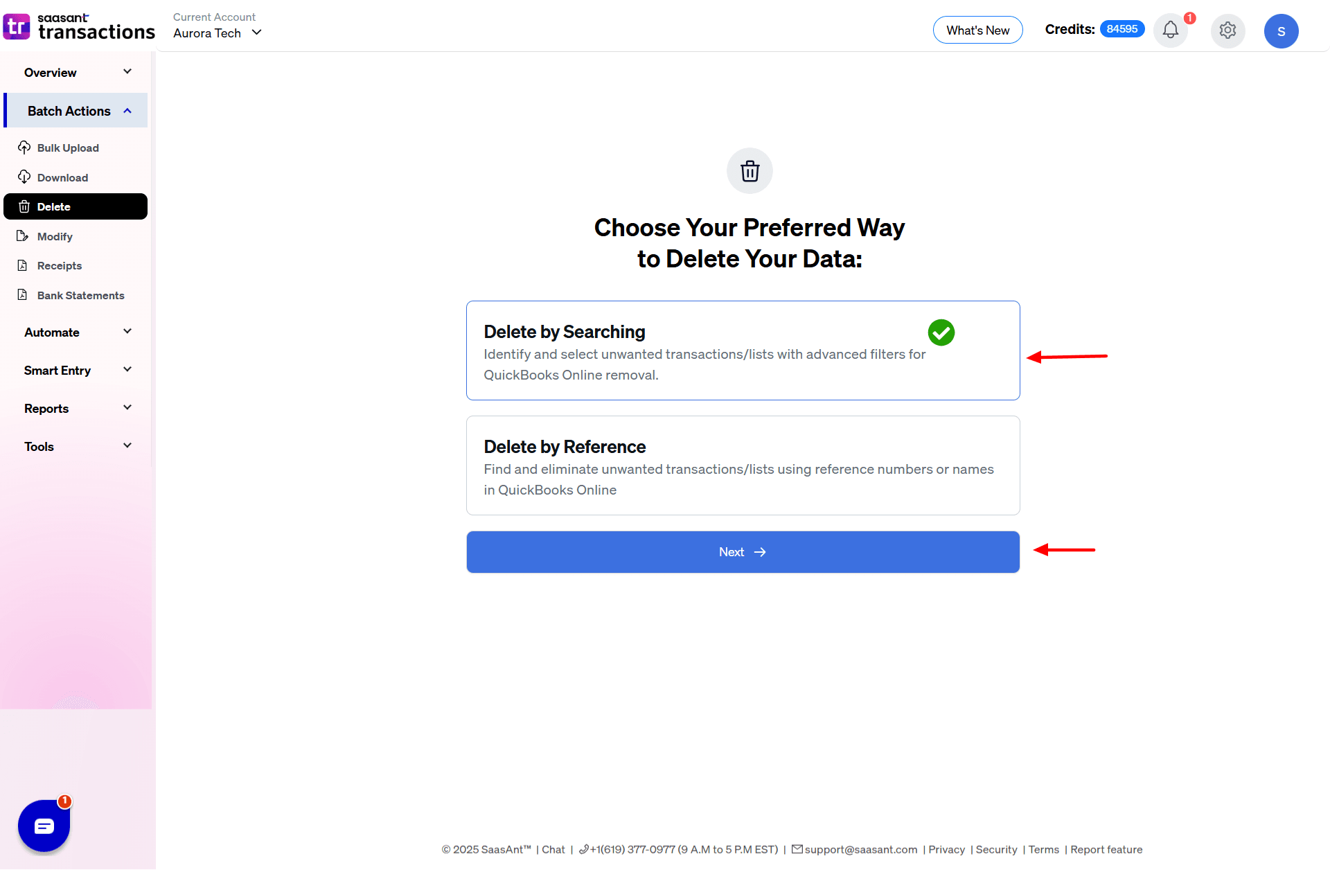 Choose Delete by Searching General Ledger - SaasAnt Transactions Online.png