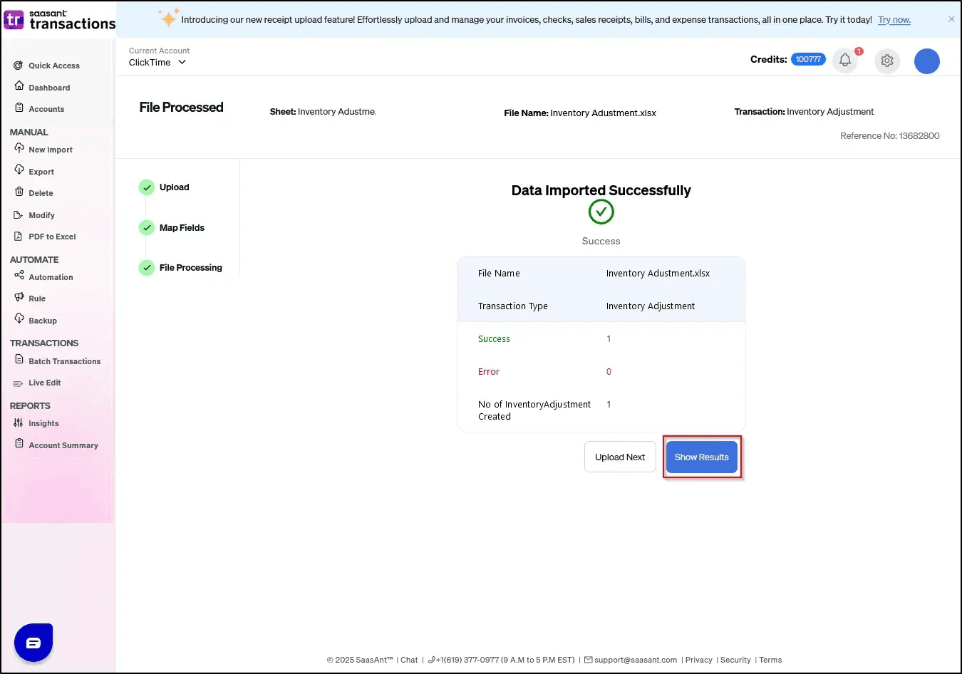 Import Inventory adjustment success - saasant transactions online.png