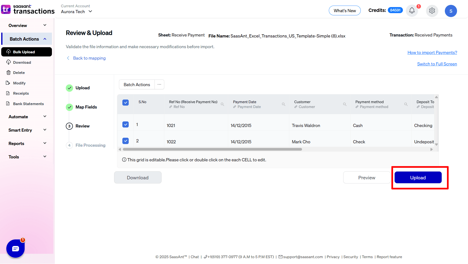 Upload Received Payments tab- SaasAnt Transactions Online.png
