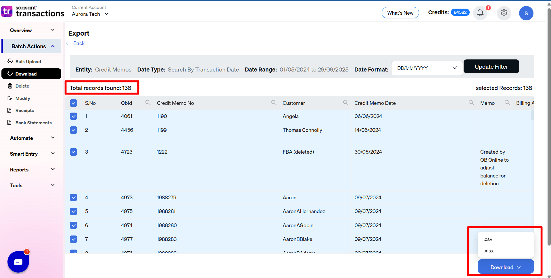 Download Credit Memos excel - SaasAnt Transactions Online.png