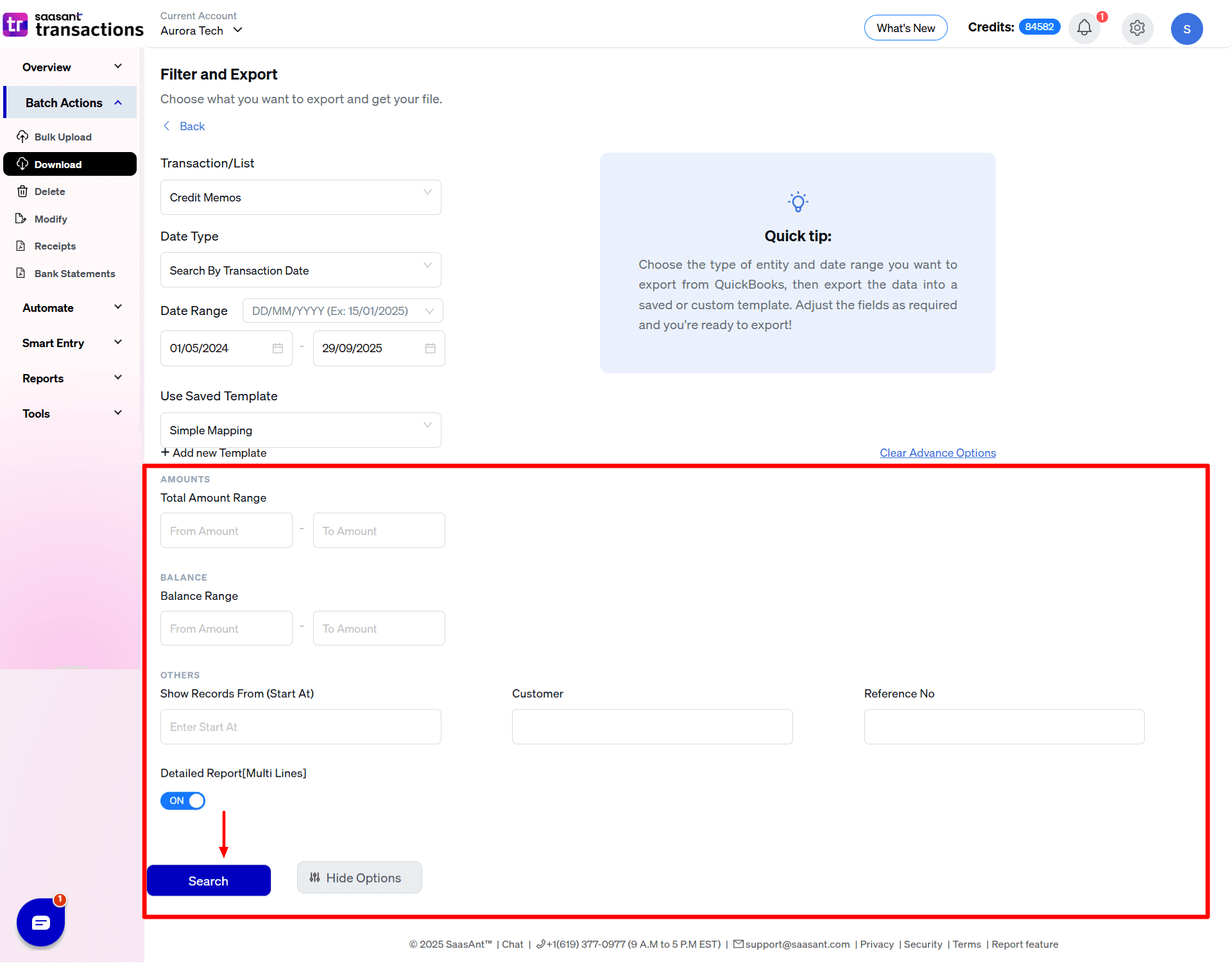 Export Credit memo advanced Filters - SaasAnt Transactions Online.png