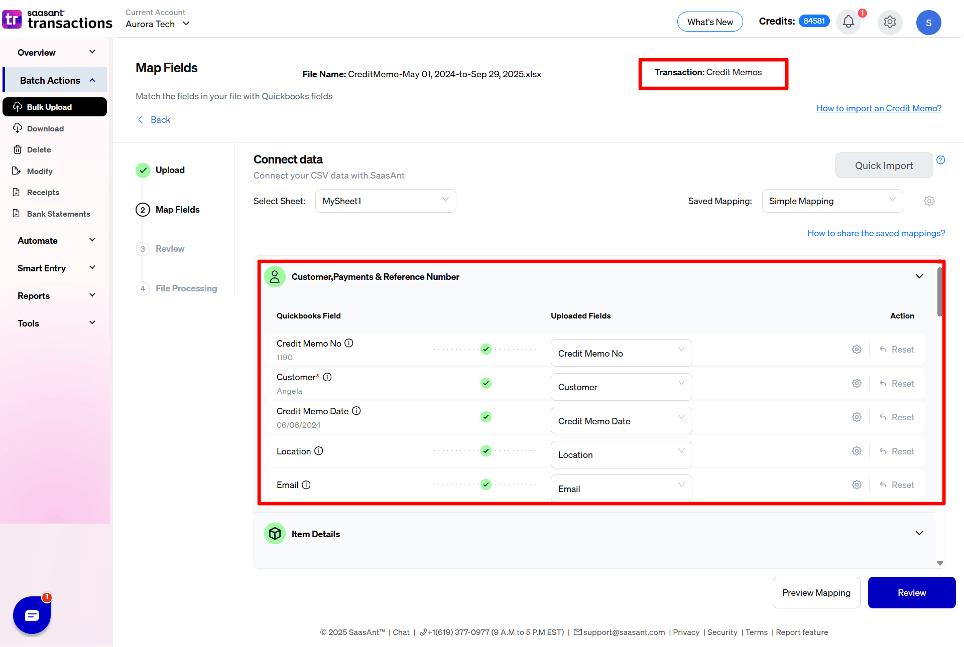 Mapping Fields Credit Memos - SaasAnt Transactions Online.png