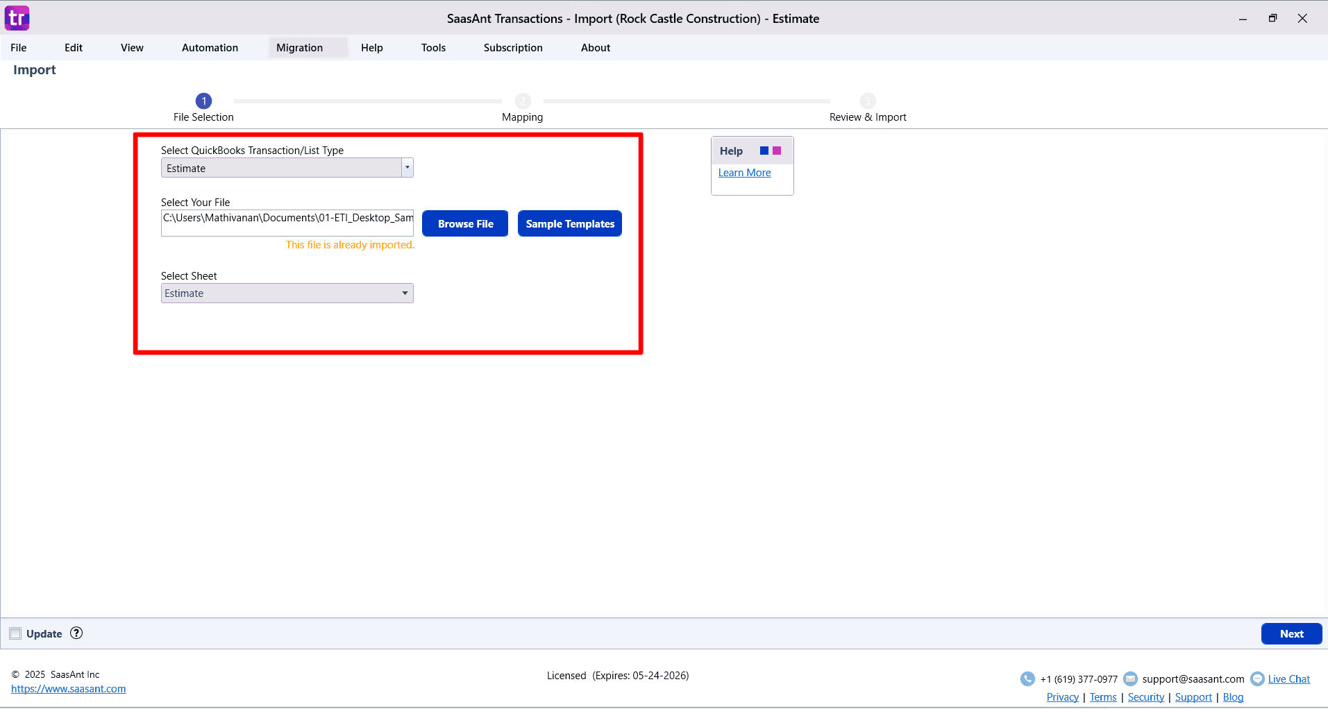 Select Import Estimates - SaasAnt Transactions Desktop.png