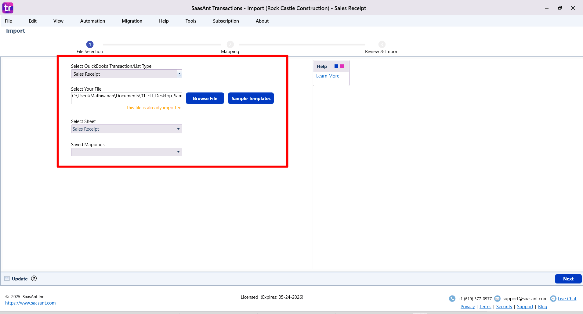 Select Browse Sales Receipts - SaasAnt Transactions Desktop.png