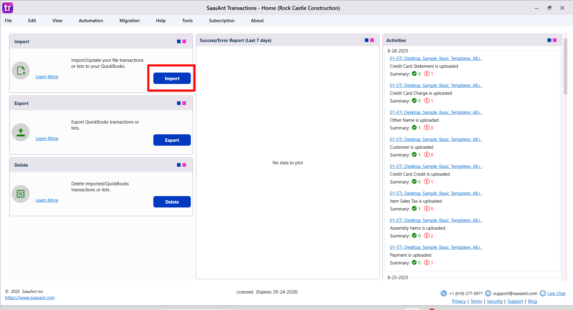 Select Import Sales Receipts - SaaasAnt Transactions Desktop.png