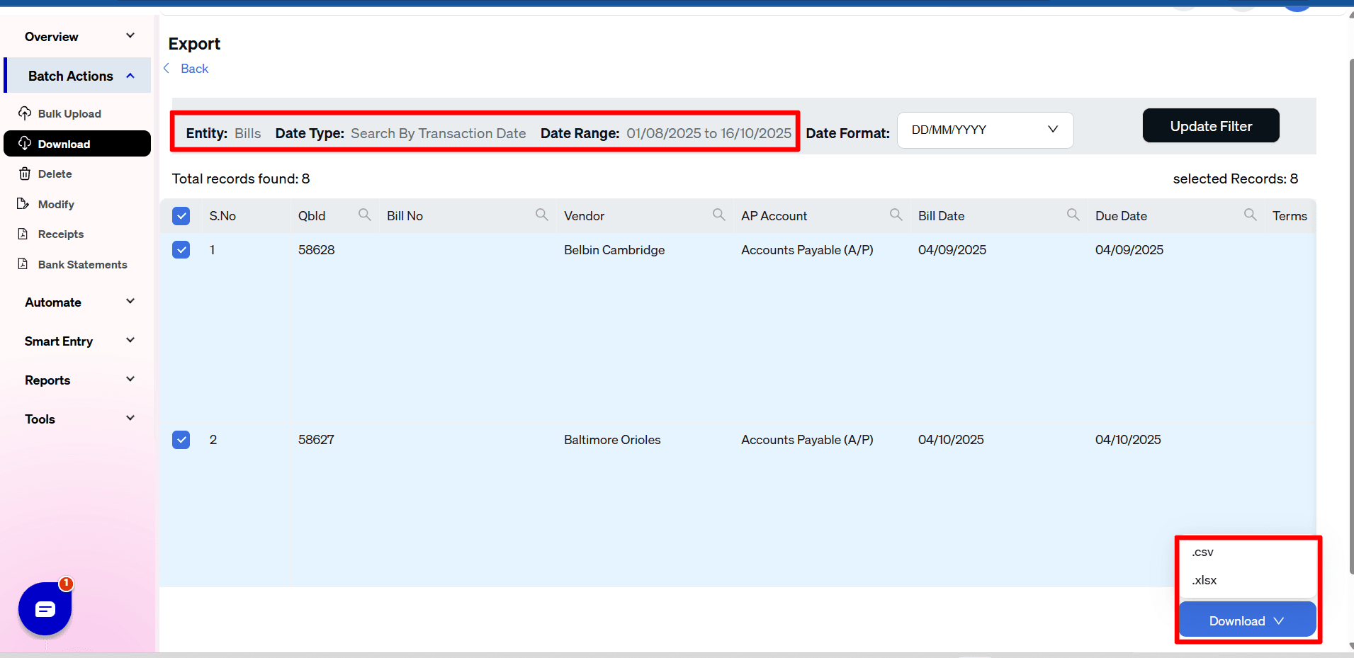 Export Bills - SaasAnt Transactions Online.png