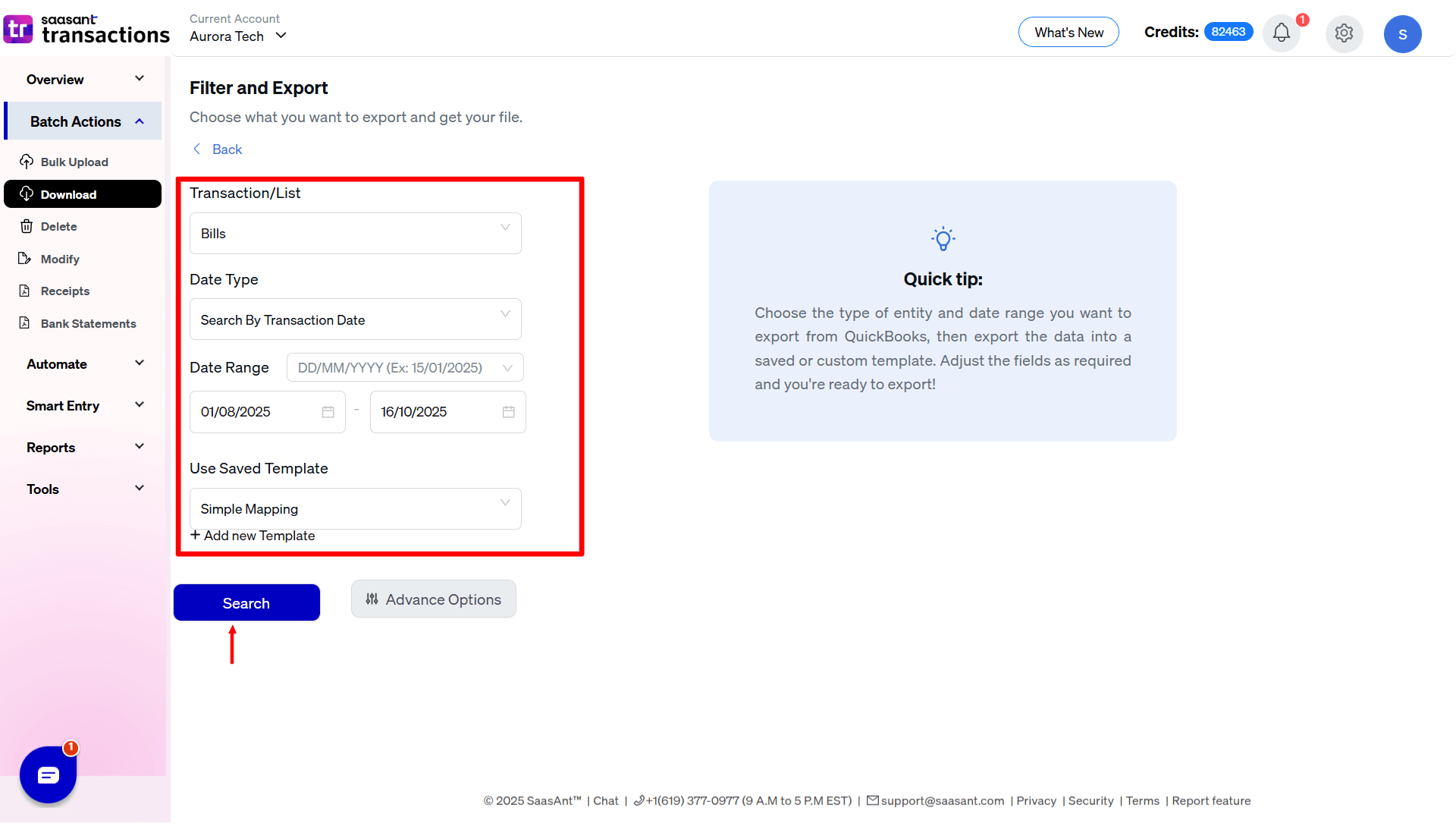 Select Export Bills - SaasAnt Transactions Online.png