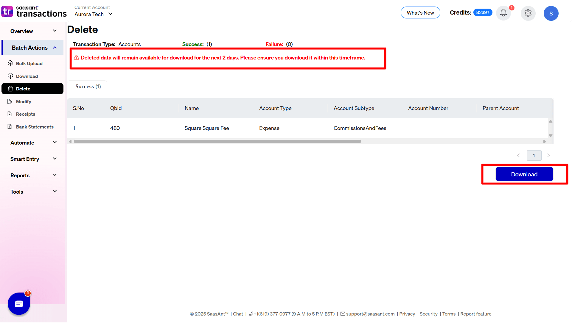Download Chart of Accounts after Deleting - SaasAnt Transaction.png