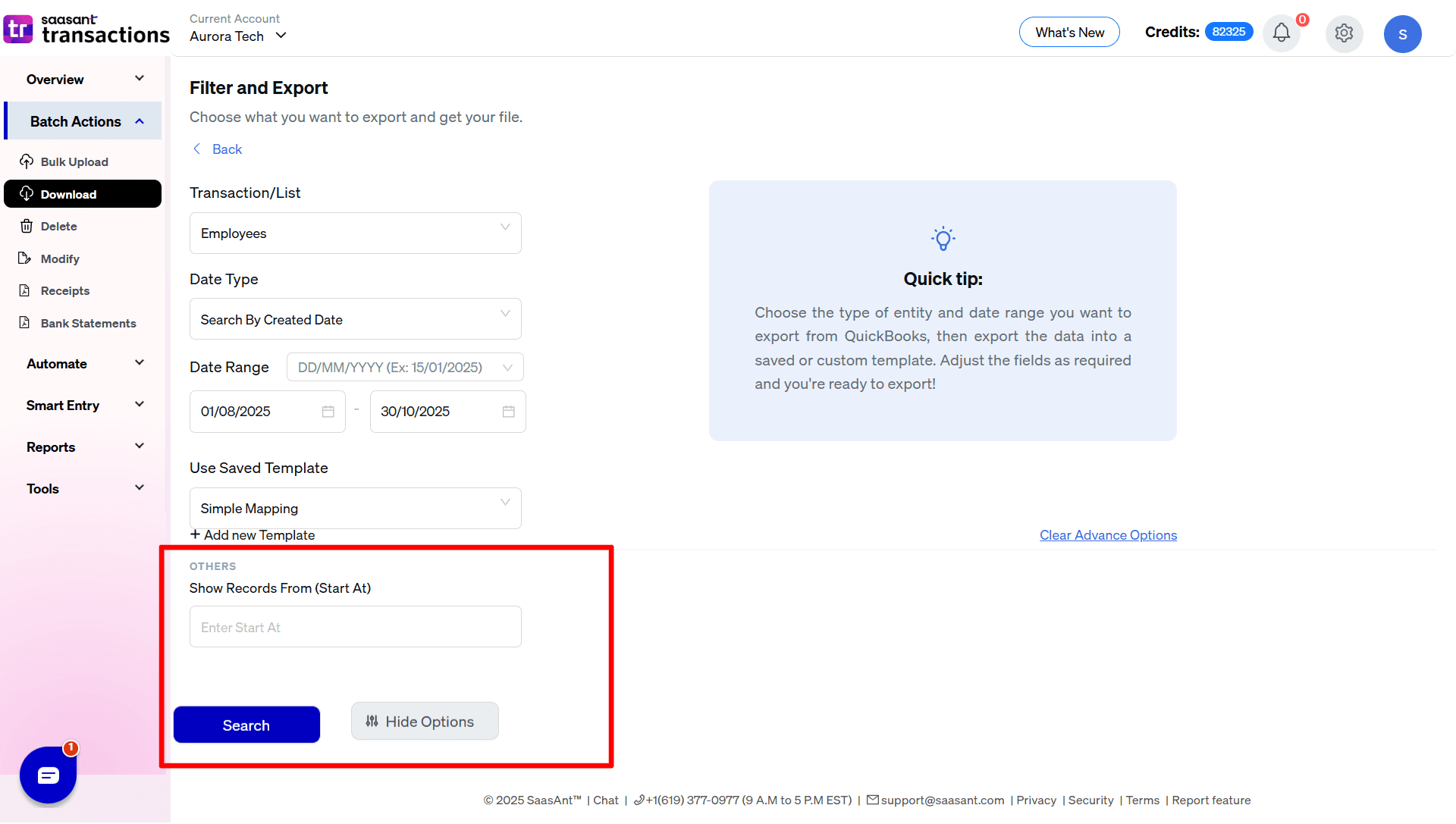 Advance Filter Employee Data Export SaasAnt Transactions Online.png