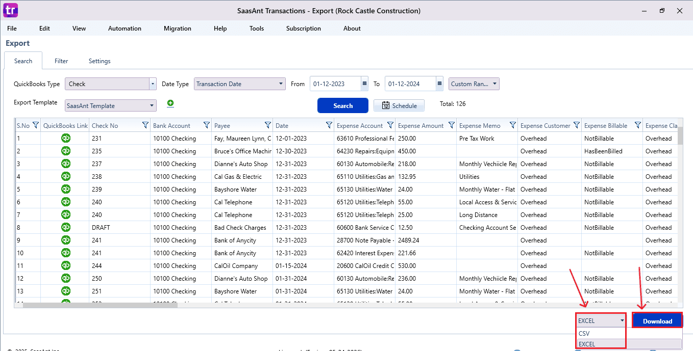 Select Excel or CSV for Checks - SaasAnt Transactions Desktop.png