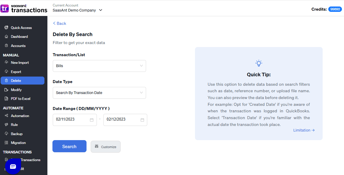 filter to select bills to delete