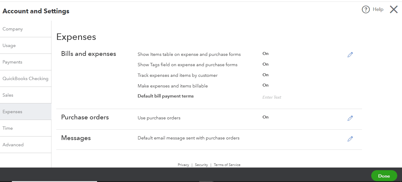 setup expenses settings