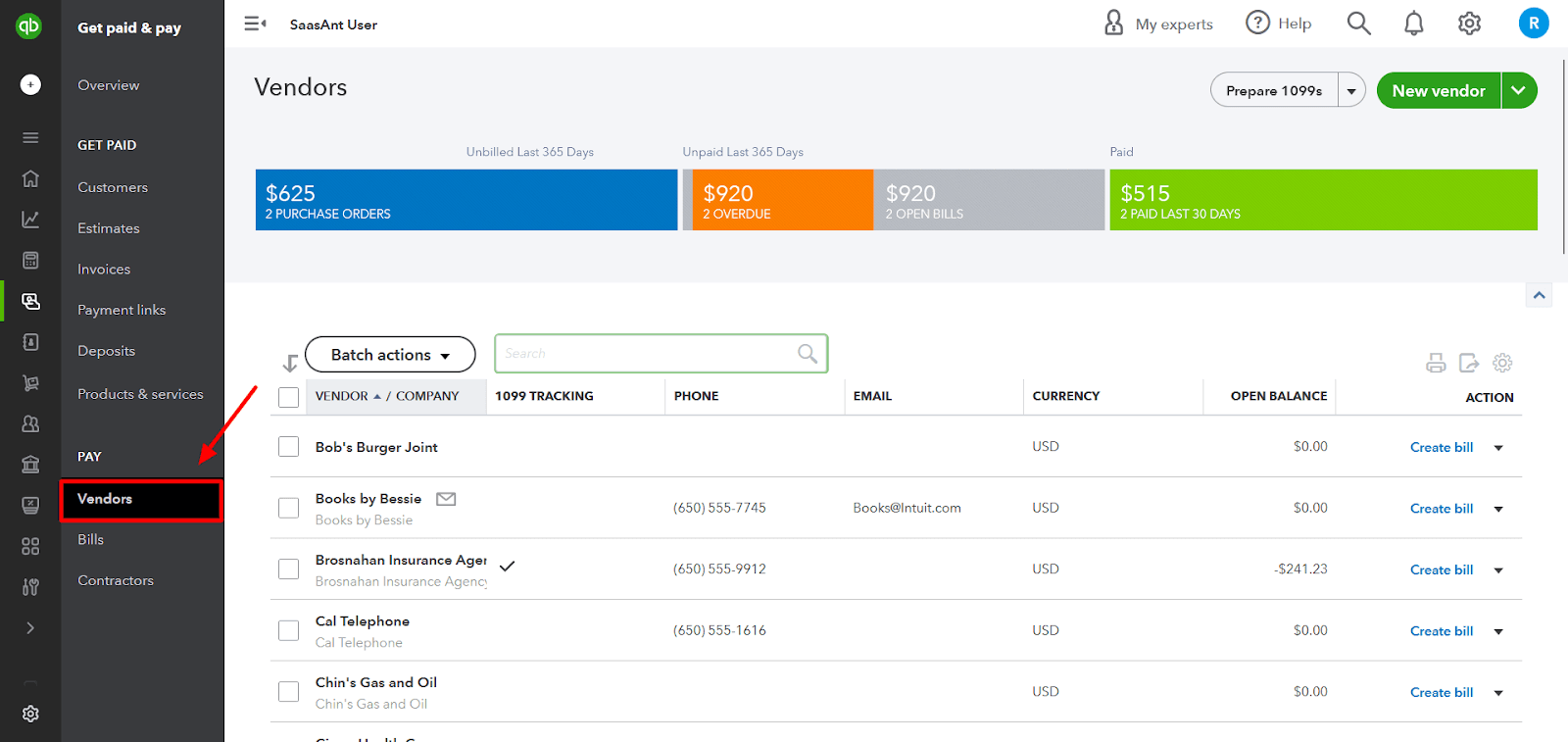 To review a purchase order, click ‘Expenses’ from the left-hand menu and then ‘Vendors.’