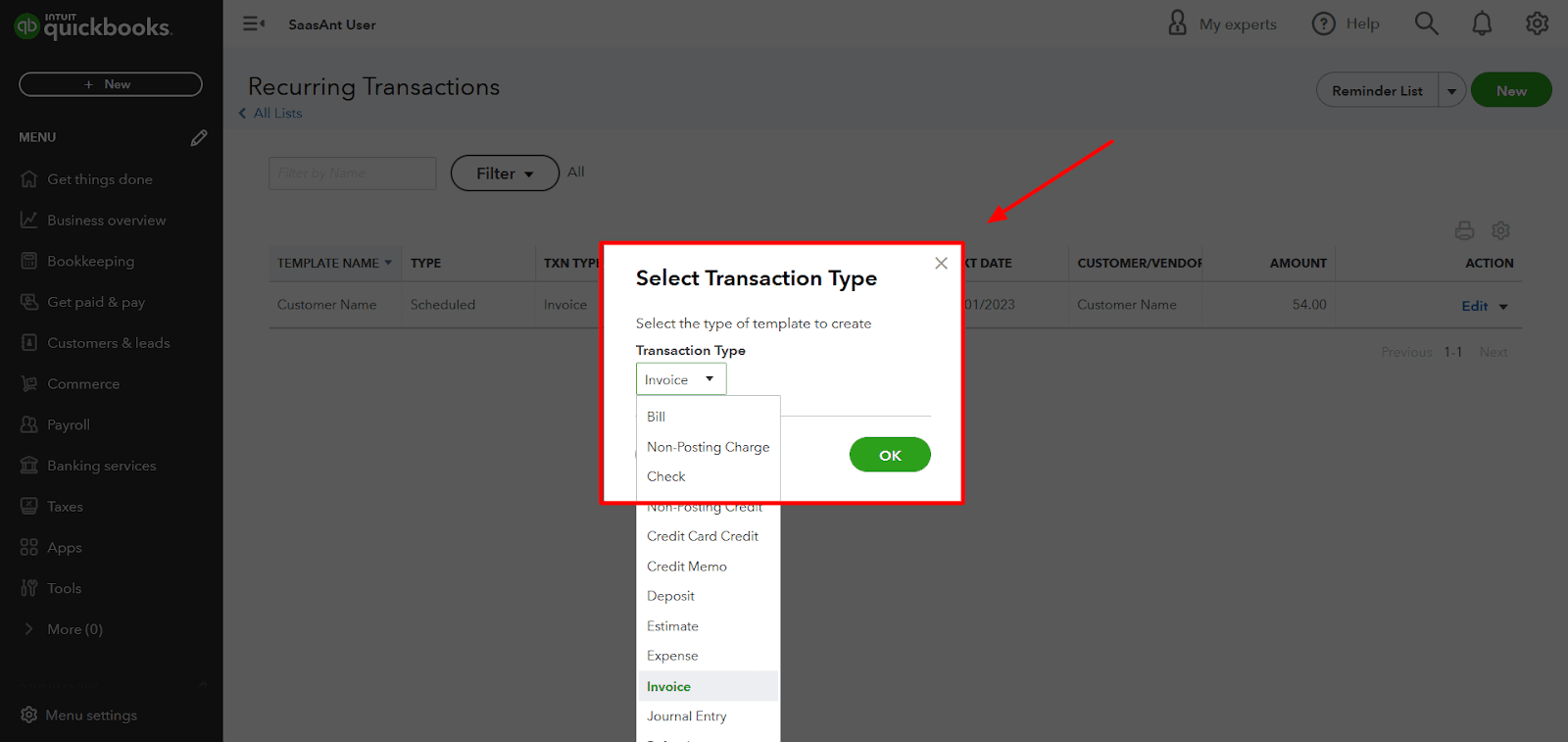 Choose the Transaction Type