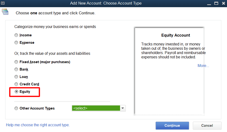 Choose 'Equity' for the account type and click 'Continue.'