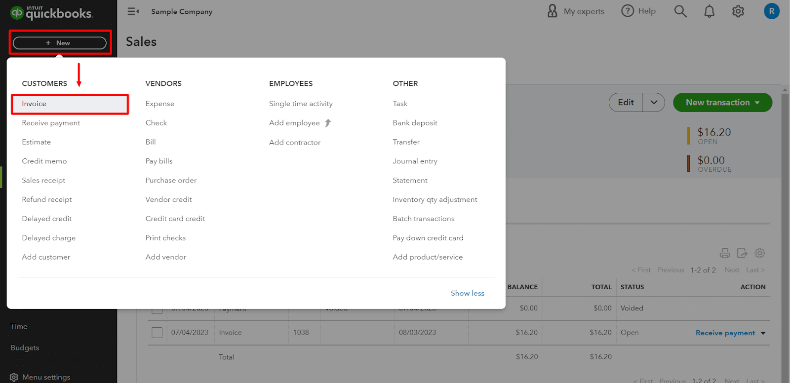 Under the ‘Customers’ column, select ‘Invoice.’