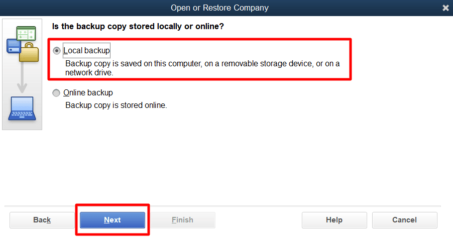 Select the ‘Local backup’ radio button.