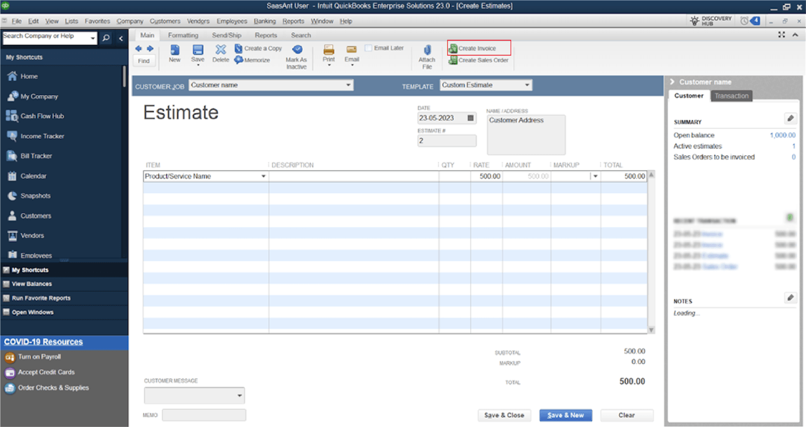 You can find “Create Invoice” option in the “Estimate” section of the window