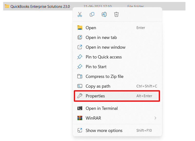 Right-click on the QuickBooks folder and select "Properties."