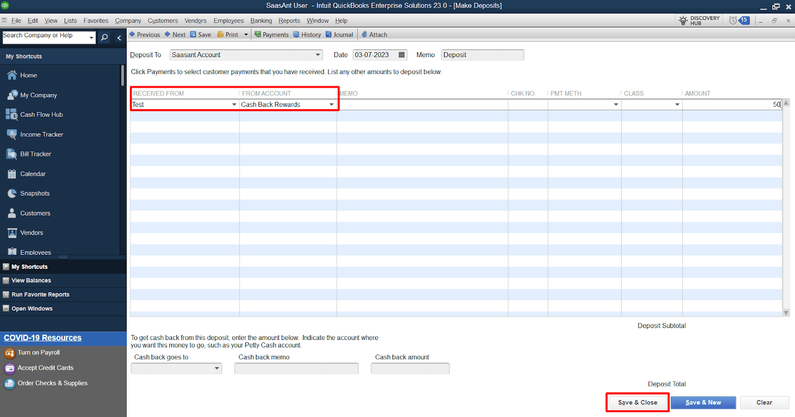 Enter the amount of the cashback rewards in the 'Amount' field