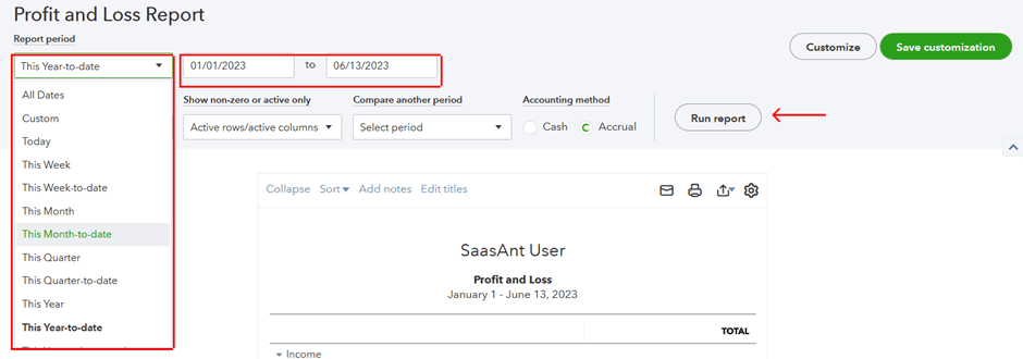 Click "Run Report" to generate your income statement.