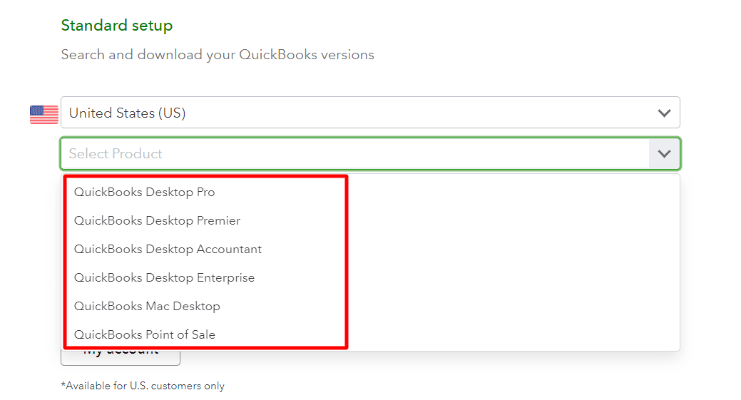 Select 'Country, Product, and Latest Version' of QuickBooks Desktop, then click 'Search.' 