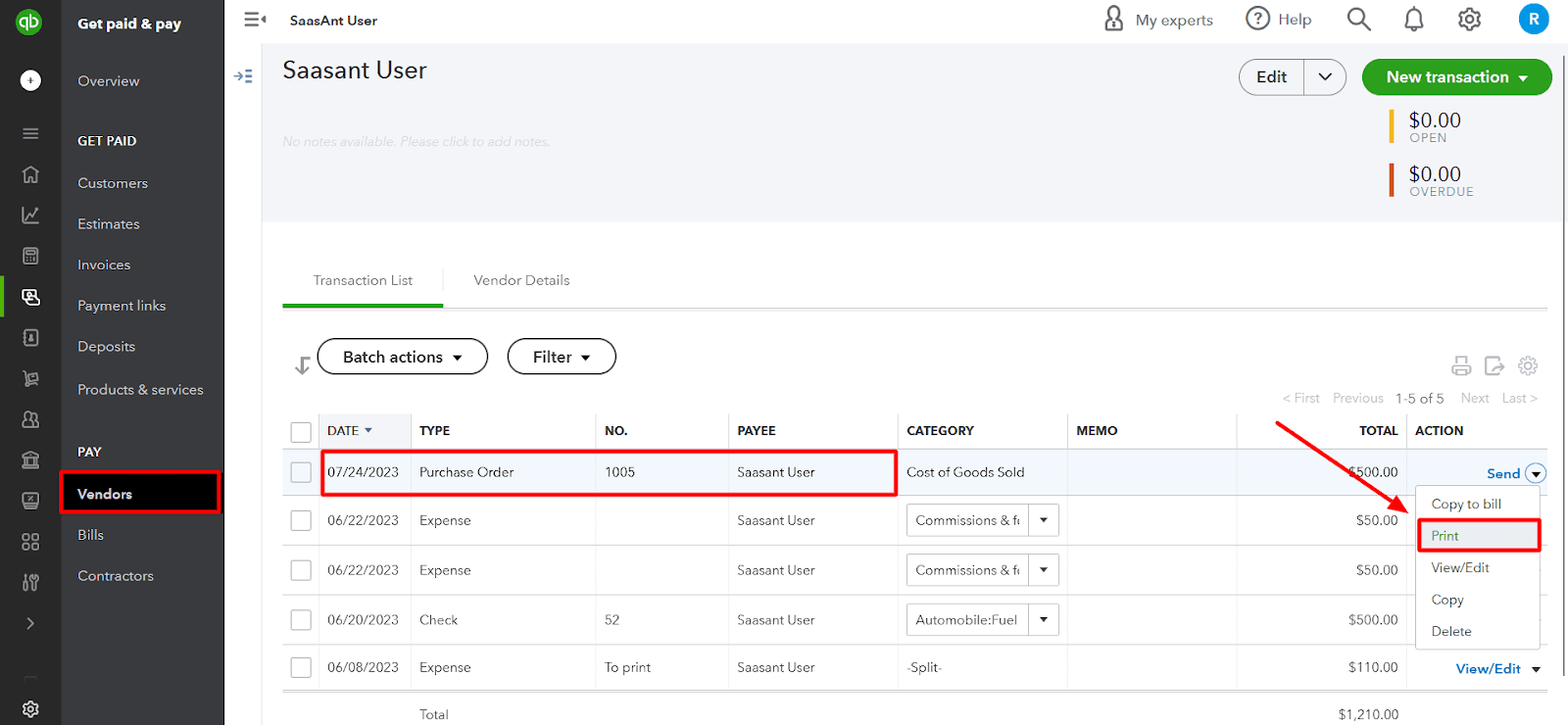 To print the purchase order, navigate to the order you want, click ‘More’ at the bottom, and select ‘Print.’