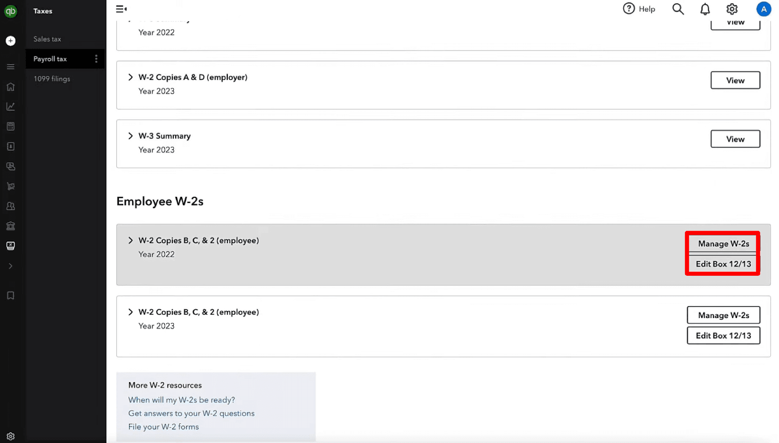 You can also ‘manage’ and edit the W-2 form by clicking the ‘Manage W-2’ and Edit Box 12/13’ button on the right.