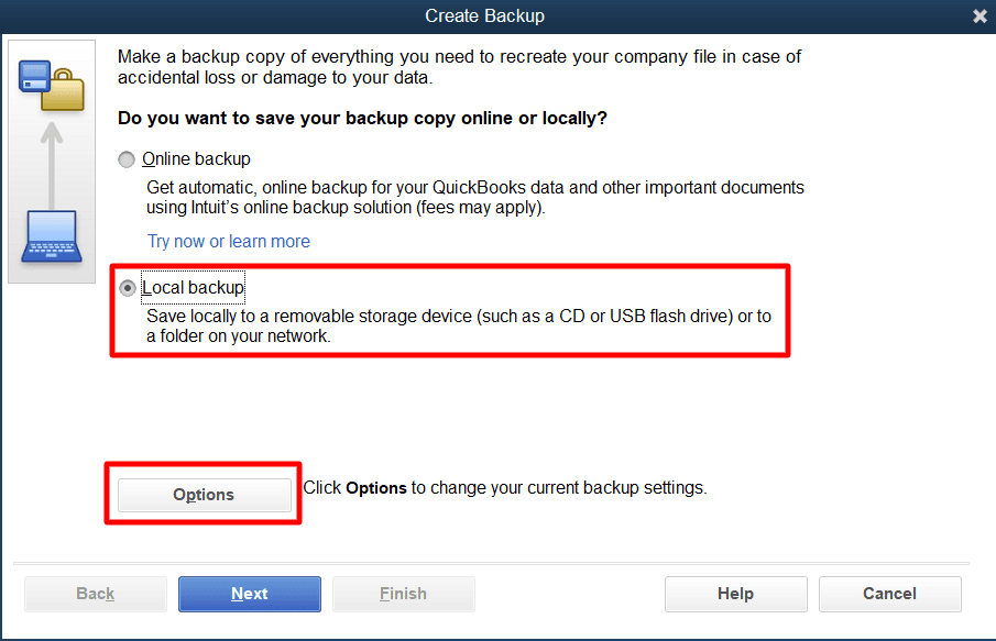 Now, go to the Options tab to see a Backup Options window.