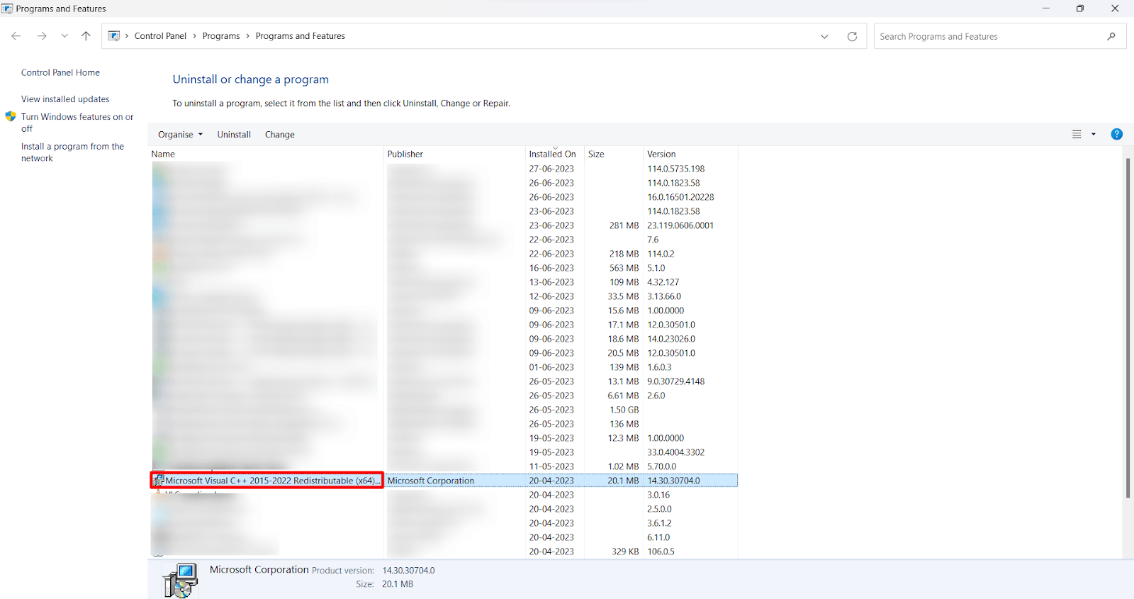 Locate Microsoft Visual C++ Redistributable in the list of installed programs.