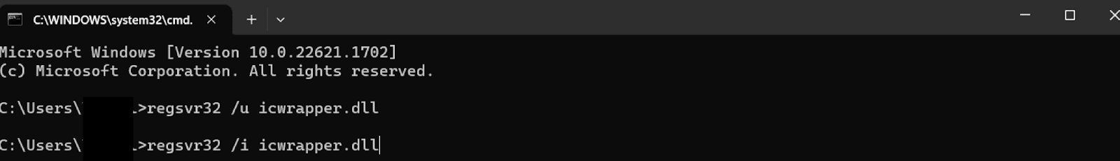 Then, type `regsvr32 /i icwrapper.dll` and press Enter to re-register the file.