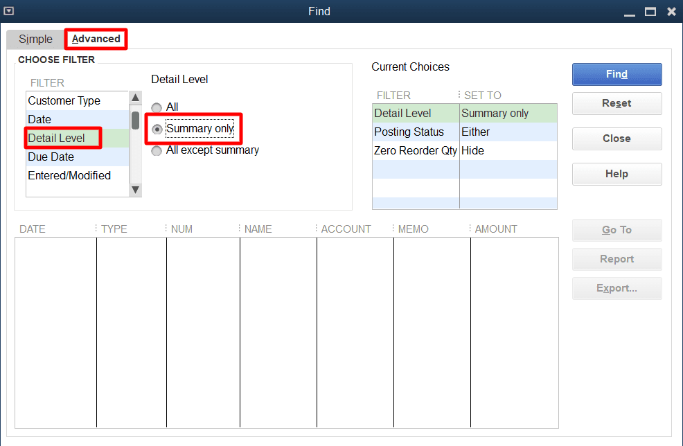 From the 'Choose Filter' section, click on the 'Filter' list and select the 'Detail Level' option.