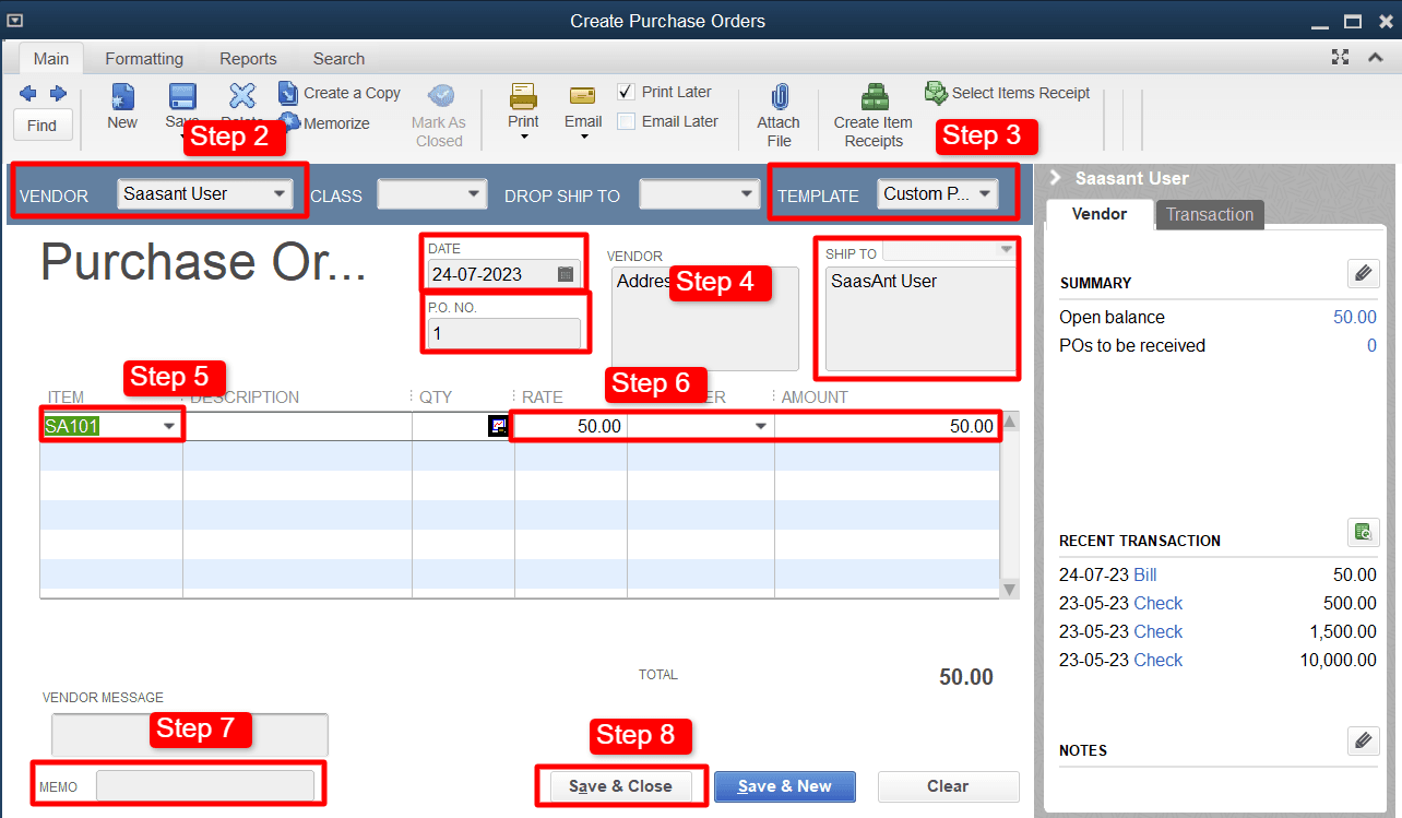 click ‘Save & Close’ to store the purchase order.