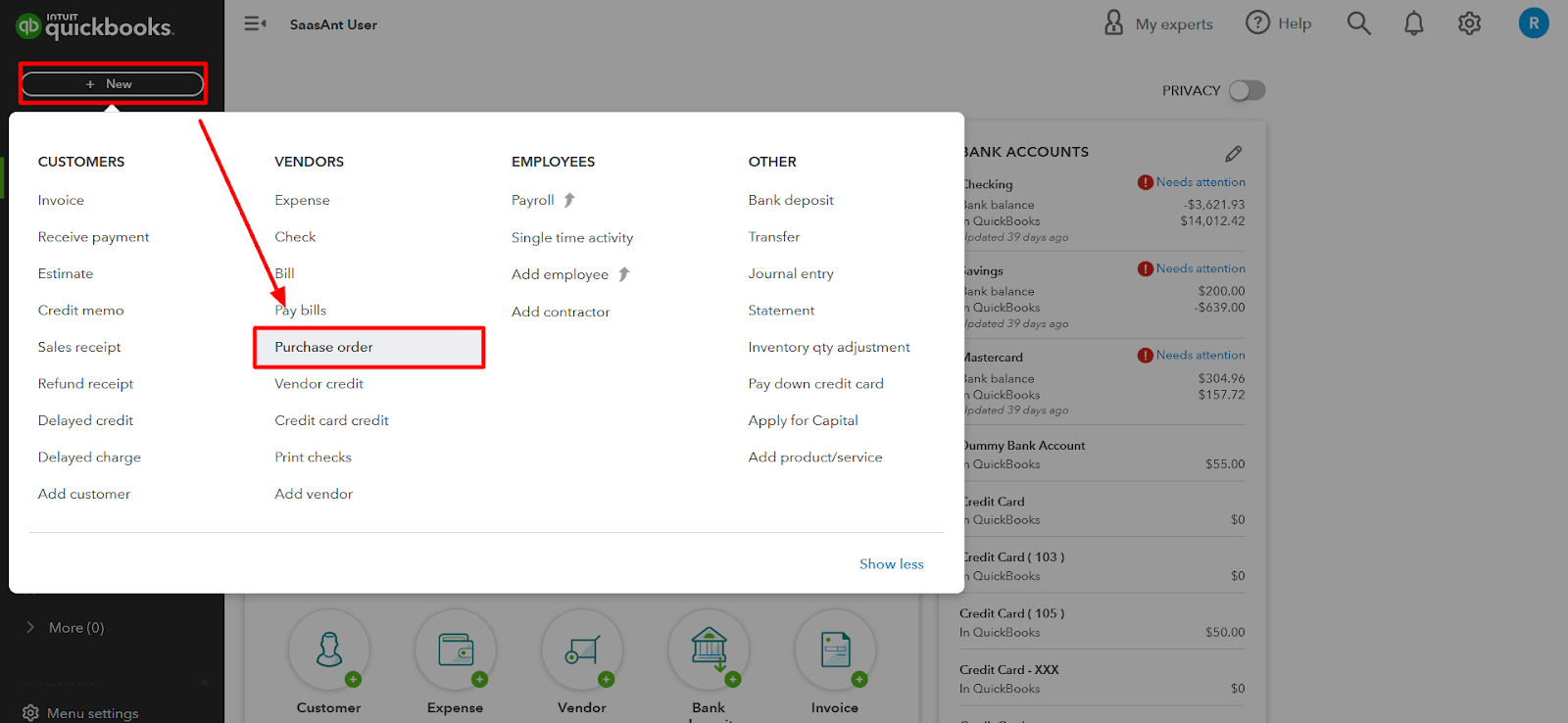 From the drop-down menu, select ‘Purchase Order.’