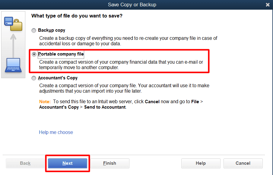 Select 'Portable company file' and then 'Next.'