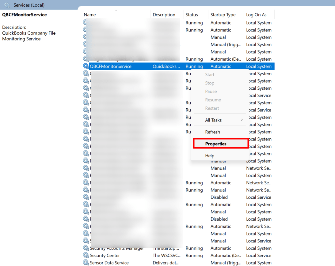 If the service status is stopped, right-click the service and select Properties.