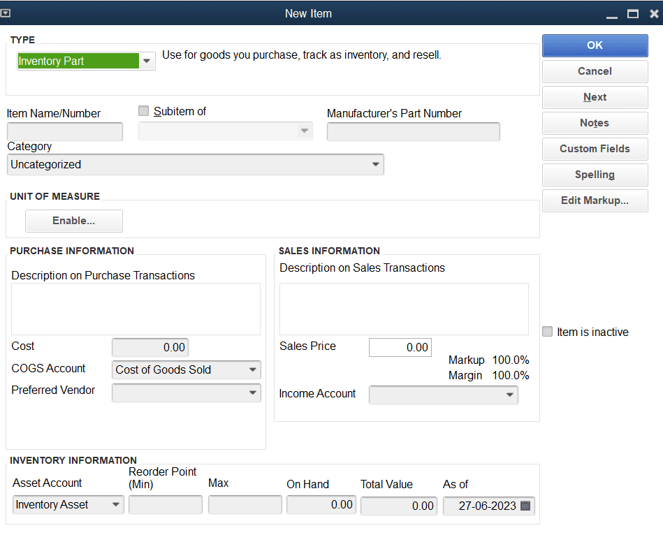 add the inventory item to QuickBooks Desktop