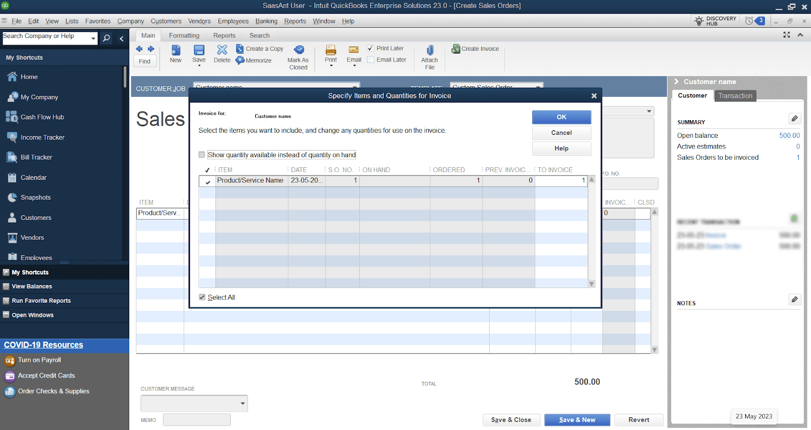 Specify the items and quantities for invoice