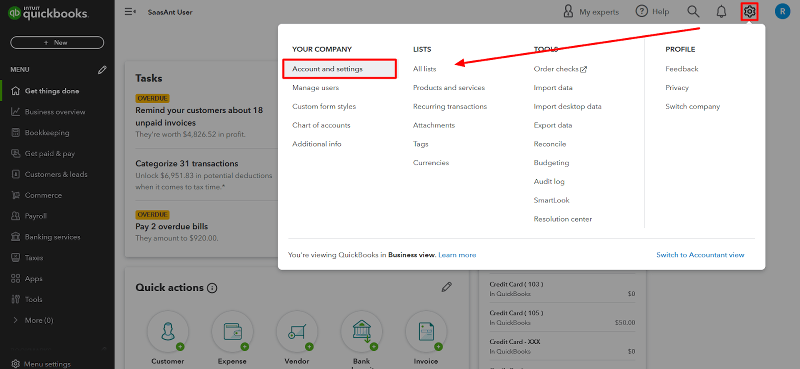 Select ‘Account and Settings’ from the drop-down menu.