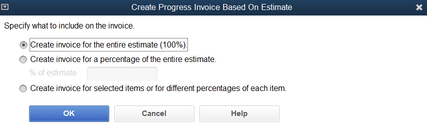 Create invoices for selected items or different percentages of each item.