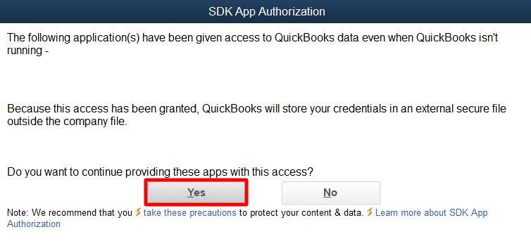 Select Yes in the SDK app authorization.