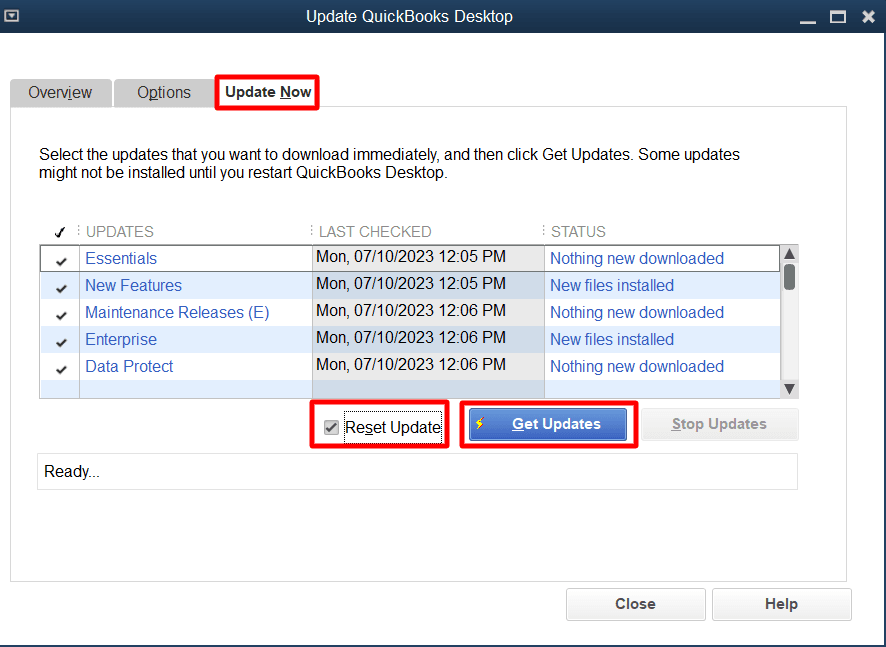Click the 'Update Now' tab and the 'Reset Update' option.