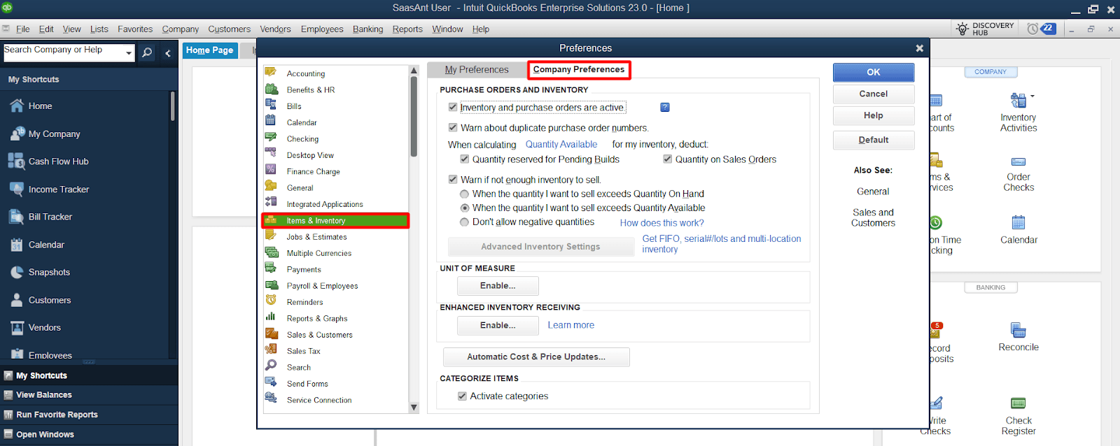‘Items and Inventory’ and navigate to the ‘Company Preferences’ tab.