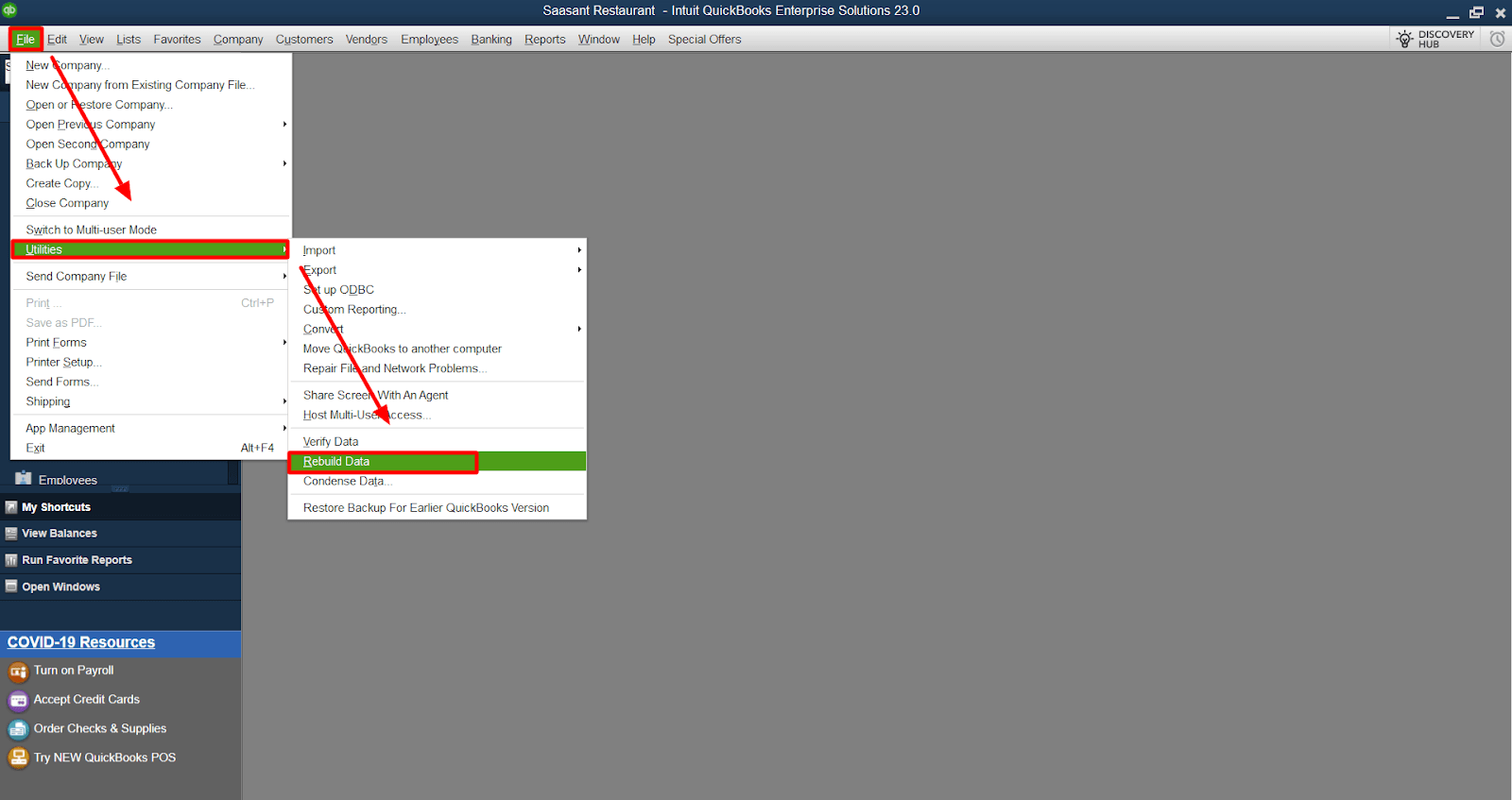 Next, move on to the  ‘File’ menu, 'Utilities,’ and Rebuild Data.’