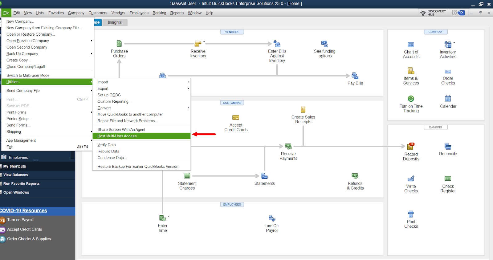 Launch QuickBooks on the PC that displays error messages