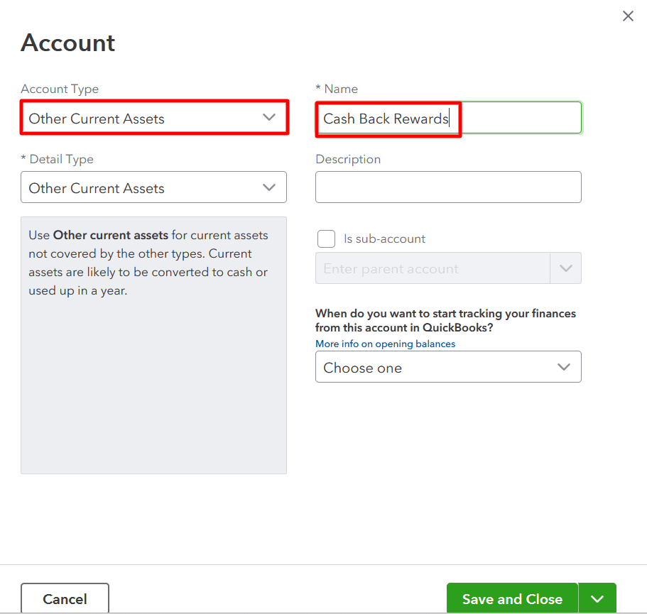 Select 'Other Current Asset' as the account type