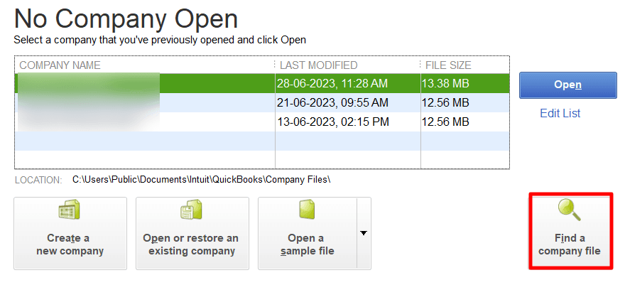 Open QuickBooks and select "Find company file."