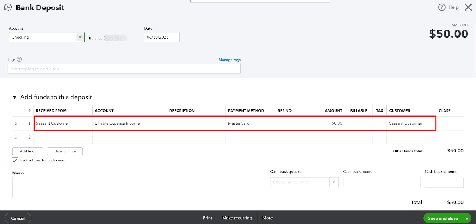 Select the customer payments you want to deposit in the Bank Deposit window.