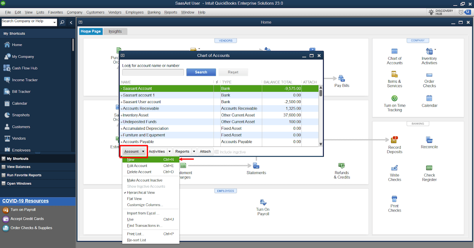 Account' drop-down button in the Chart of Accounts window and select 'New.'